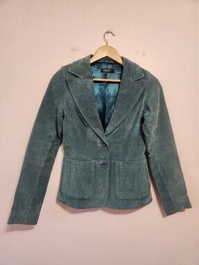 KRISP Y2K Teal Real Suede Leather Tailored Blazer Jacket Coat Size 8
